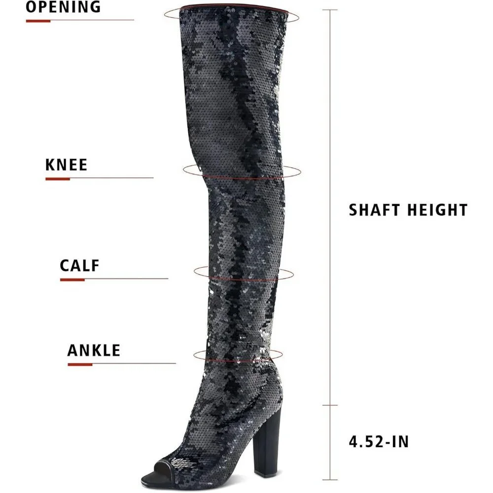 Women Black Sequin Over The Knee High Party Prom Open Toe Chunky High Heel Boot